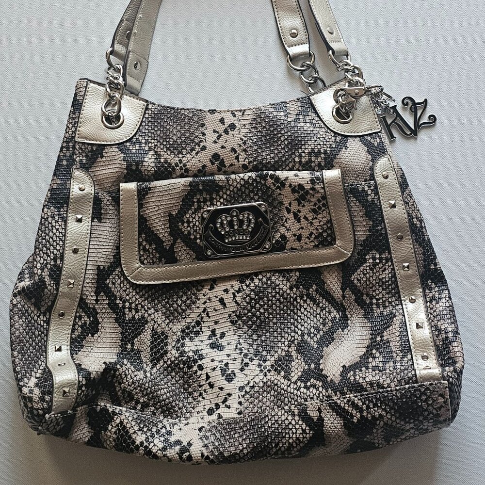 KATHY VAN ZEELAND Faux Snakeskin Print Studded Handbag with Charms